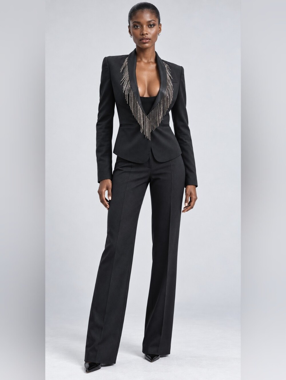 BCBG Black Metallic Fringe Fitted Tuxedo Blazer XS